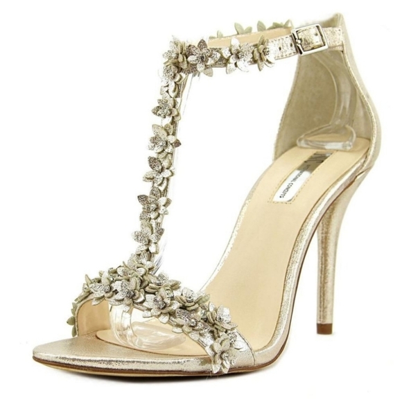 INC International Concepts Shoes - INC Rosiee Open Toe T-Strap Floral Crystals Heels in Pearl Gold Wedding Size 8.5